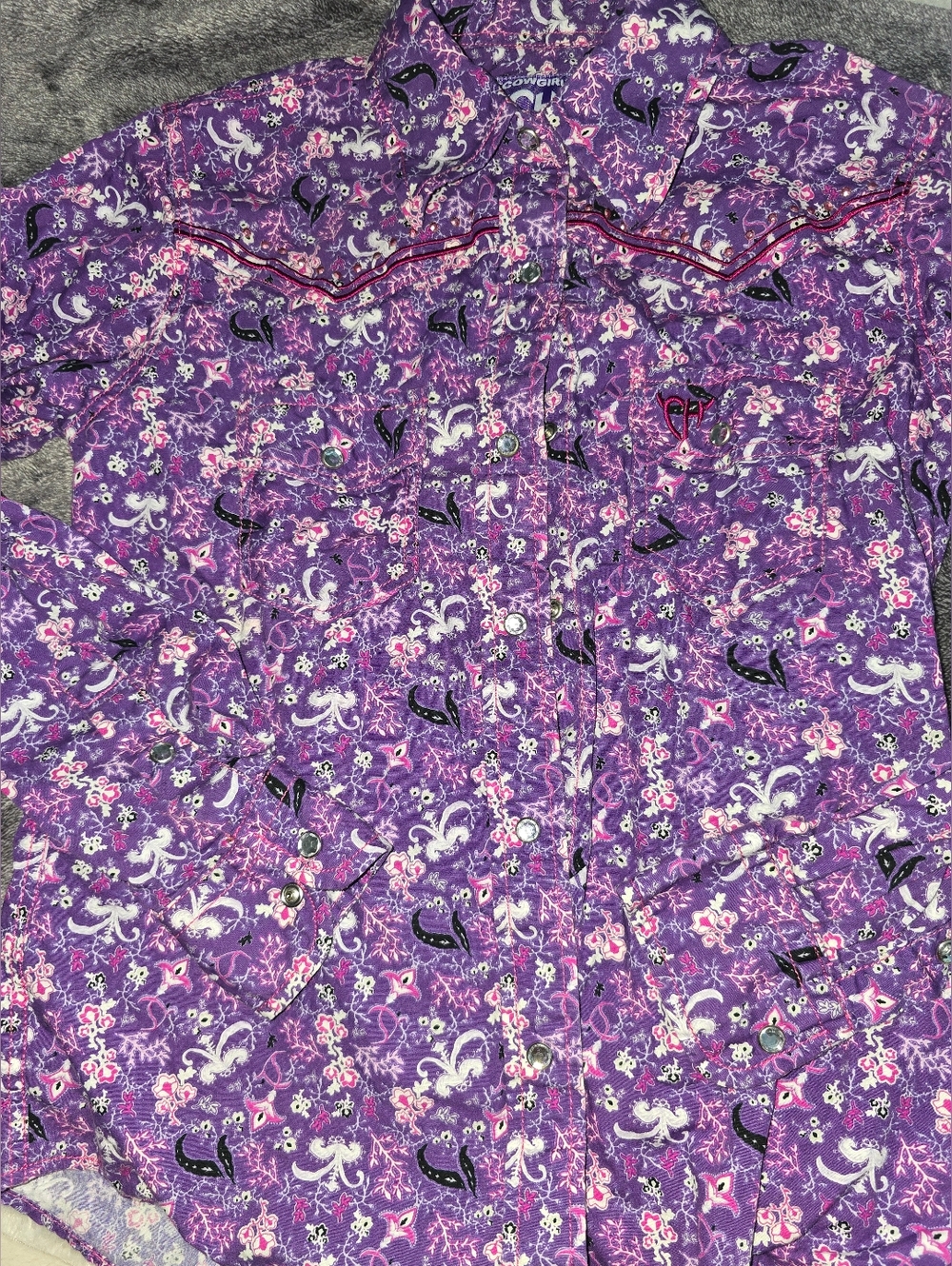 Cowgirl Hardware Girls Western Snap Shirt Purple Floral Paisley Medium Rodeo